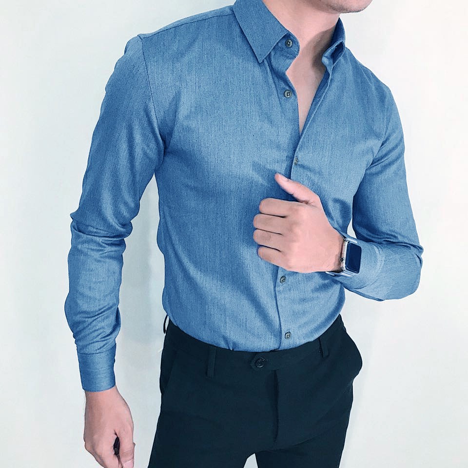Sơ mi nam, màu giả vải bò, chất cotton pha lụa co dãn 4 chiều, mịn mát, form body ôm dáng
