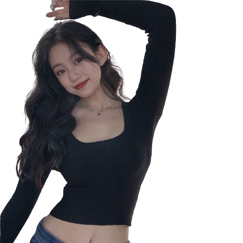 QKOOLE Áo len  tay dài màu trơn thời trang cho nữ