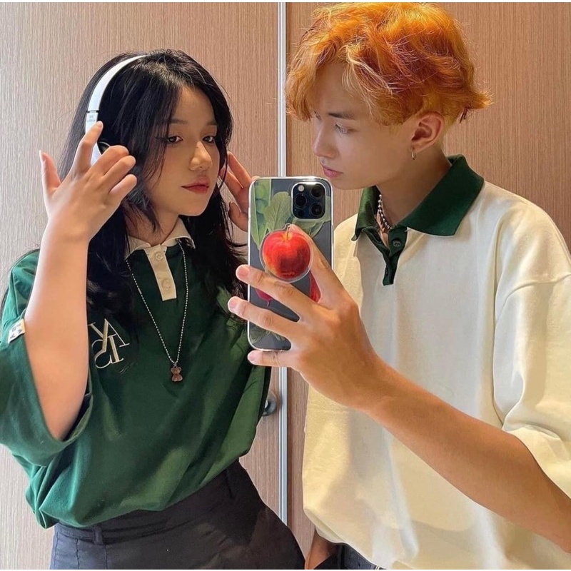 Áo Thun Polo Unisex ATYS màu XANH LÁ/KEM Form Rộng Chất Thun Chữ Thêu 2 Mặt Nam Nữ Áo Cổ Đức Oversize Local Brand