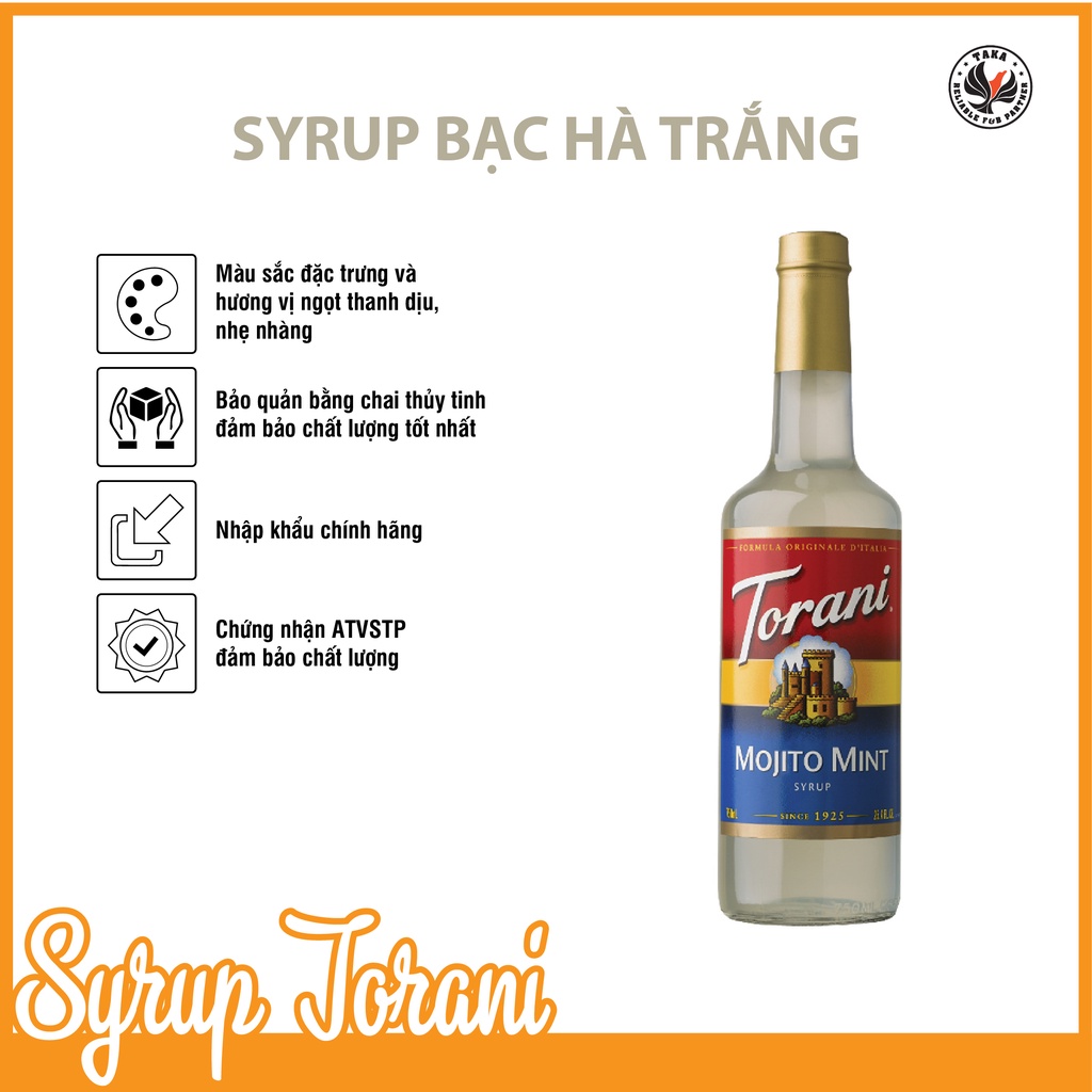 Siro Torani bạc hà trắng (Mojito) chai 750ML. Hàng công ty có sẵn giao hàng ngay