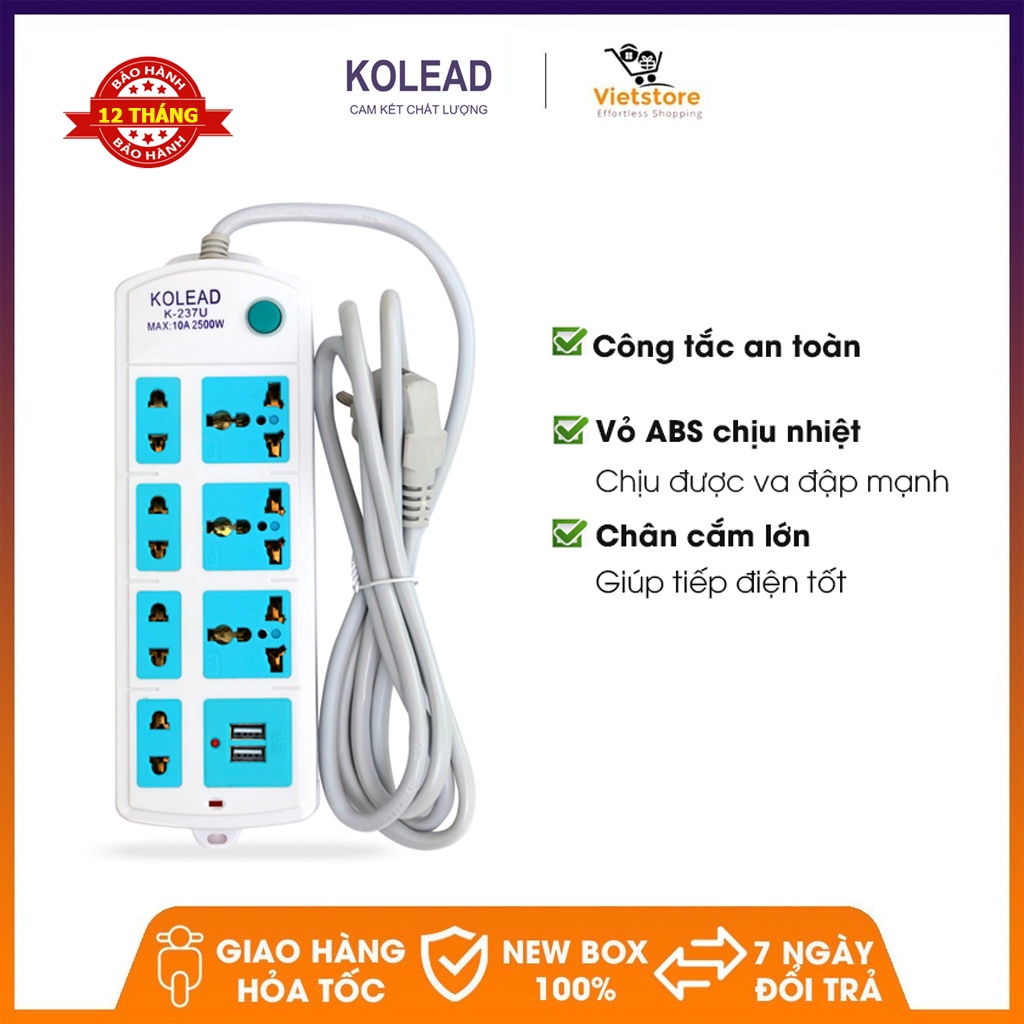 Ổ cắm điện đa năng có USB Kolead 9 cổng 2500W 10A màu trắng nhựa ABS chịu nhiệt và chịu được va đập mạnh K-237U