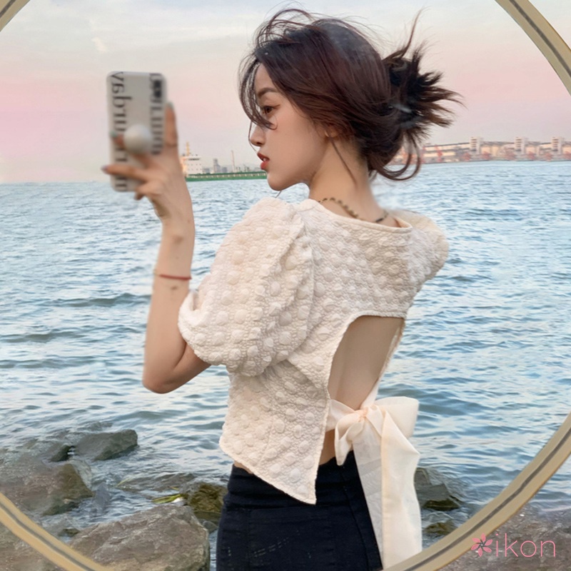 Áo Thun Crop Top Cổ Vuông Tay Phồng Lưng Phối Nơ Ngọt Ngào Gợi Cảm Cho Nữ