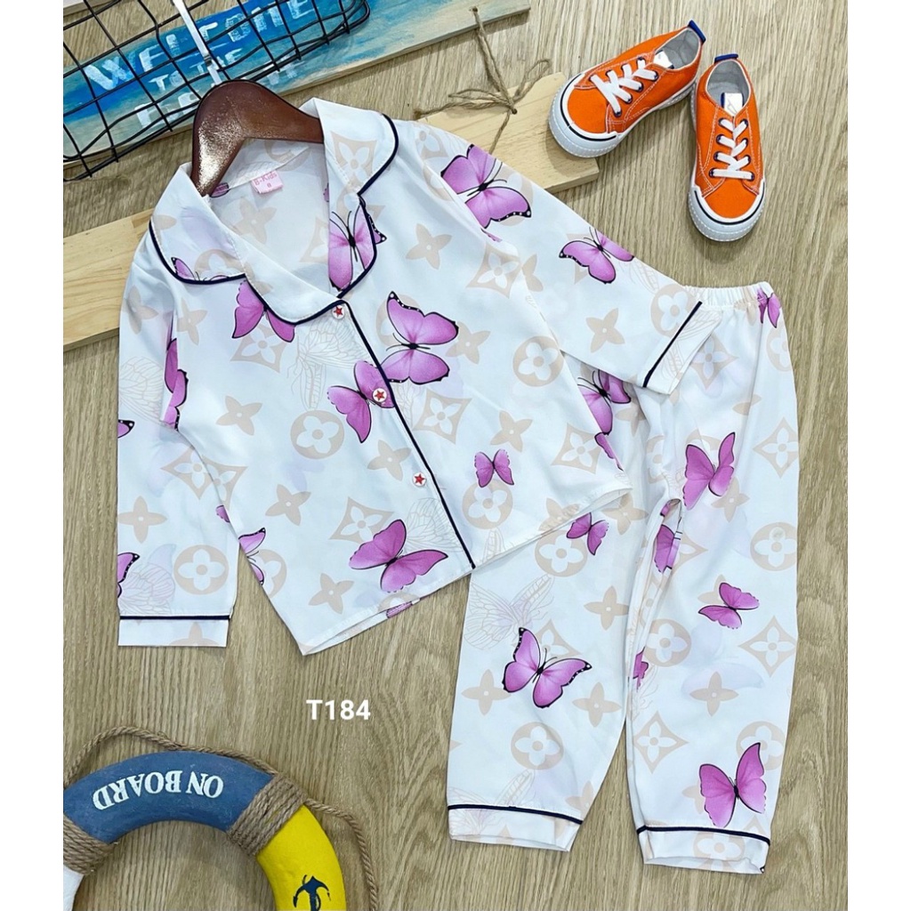 [11-22kg] Bộ đồ dài tay pijama kate lụa cho bé gái T184