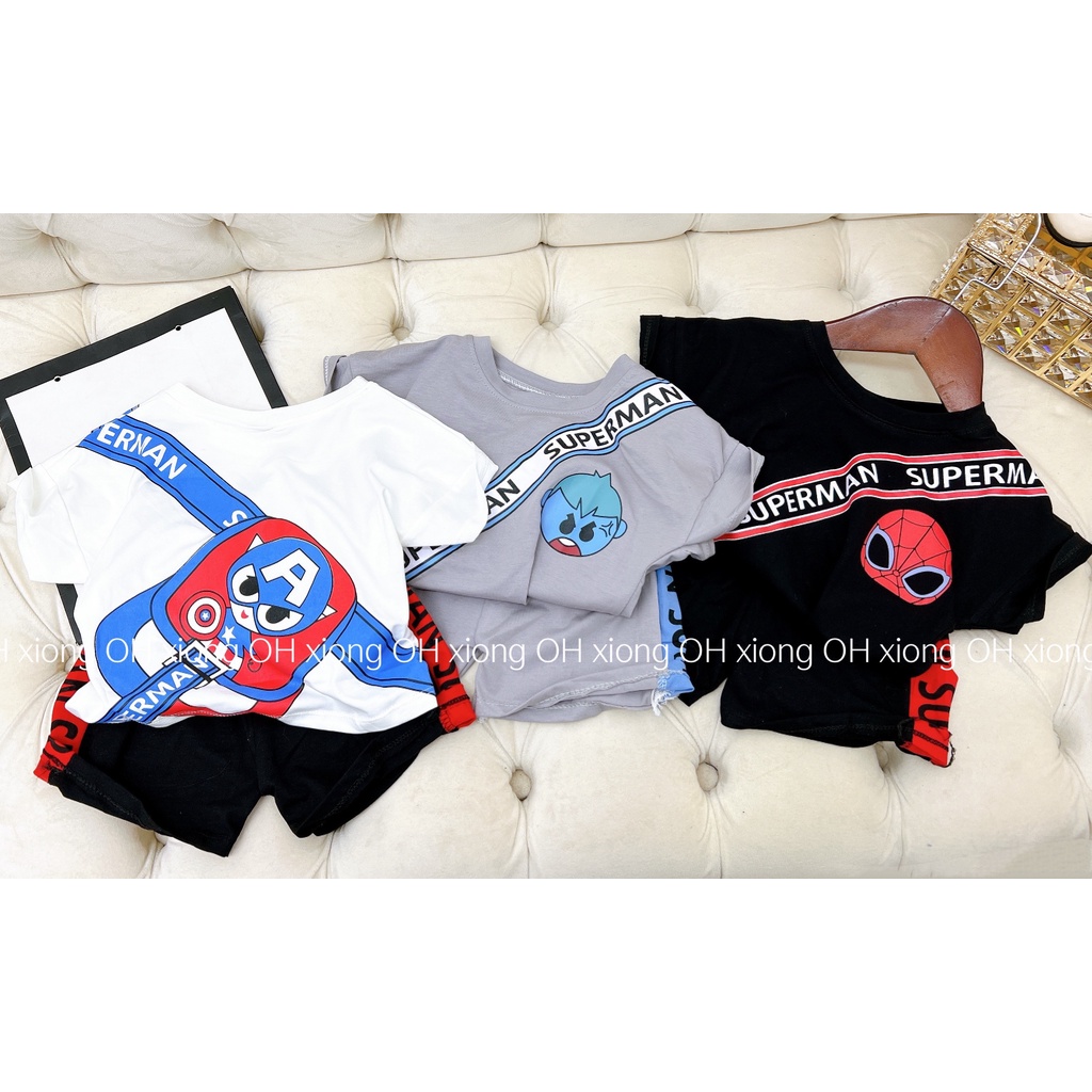 Bộ bé trai chất cotton áo đeo họa tiết siêu nhân cho bé