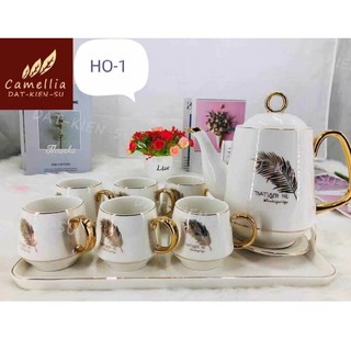 Bộ ấm chén kèm khay sứ in hình lá HO-1