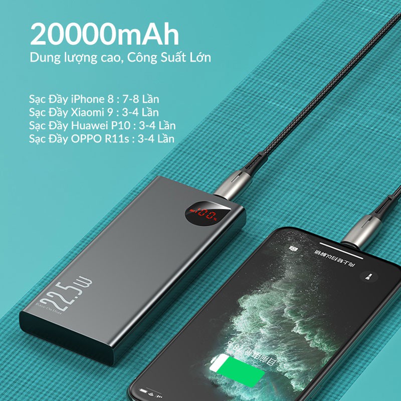 Pin sạc dự phòng 20000mAh Baseus Adaman Metal Digital Display Quick Charge 22.5W Hỗ Trợ PD3.0, QC3.0, SCP, AFC