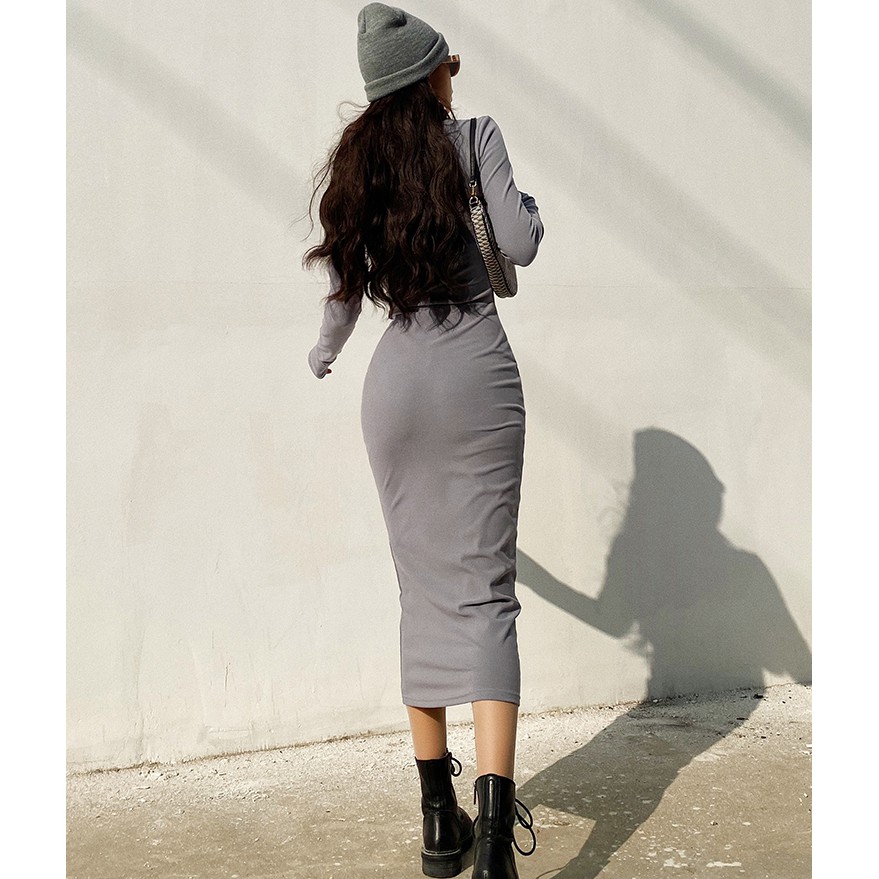 Đầm Dài Qua Gối Tay Dài Cổ Cao Dáng Ôm Thời Trang Thu Đông Cho Nữ