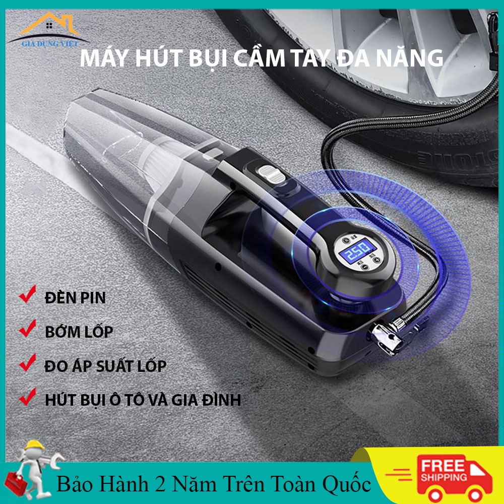 Máy Hút Bụi Cầm Tay, Máy Hút Bụi Ô Tô Đa Năng 4 Trong 1 Hút Bụi, Bơm Lốp, Đo Áp Suất Lốp, Đèn Pin. Bảo Hành 2 Năm.