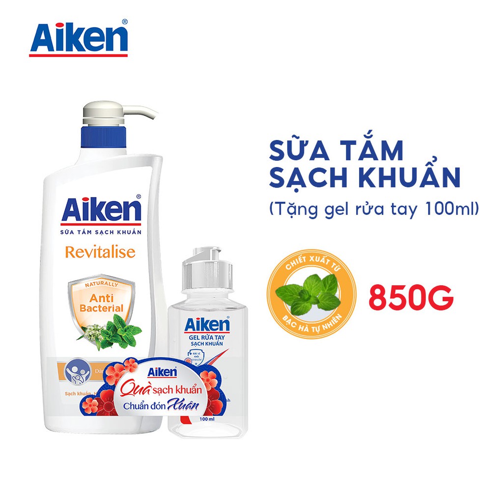 Aiken Sữa tắm Sạch khuẩn Chiết xuất Bạc hà 850g - Tặng Gel rửa tay 100ml