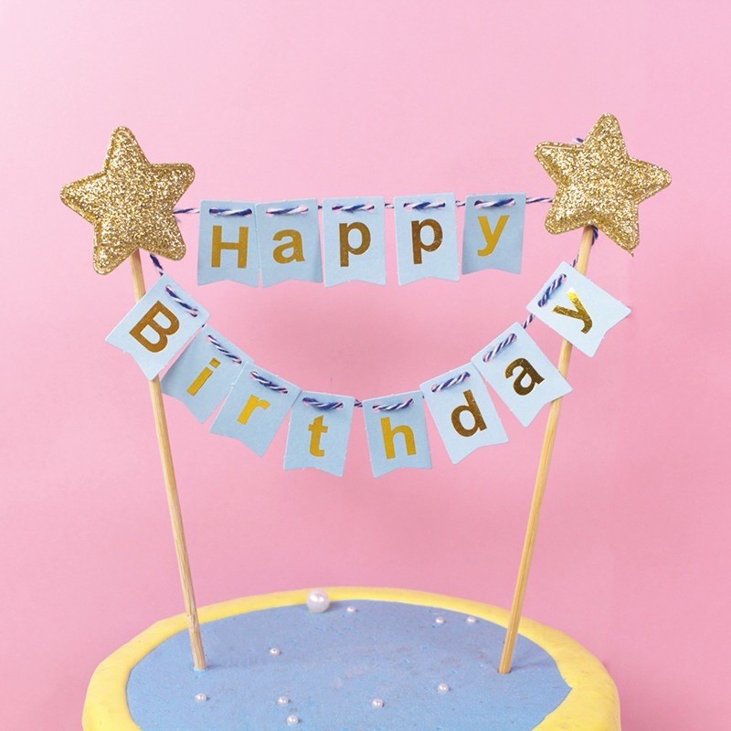 Cờ Treo Trang Trí Bánh Kem Chữ Happy Birthday Màu Vàng Kim Lấp Lánh