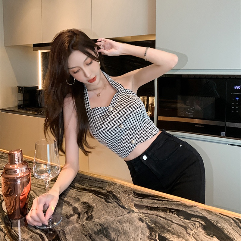 Áo hai dây họa tiết Houndstooth quyến rũ thời trang thu đông | BigBuy360 - bigbuy360.vn
