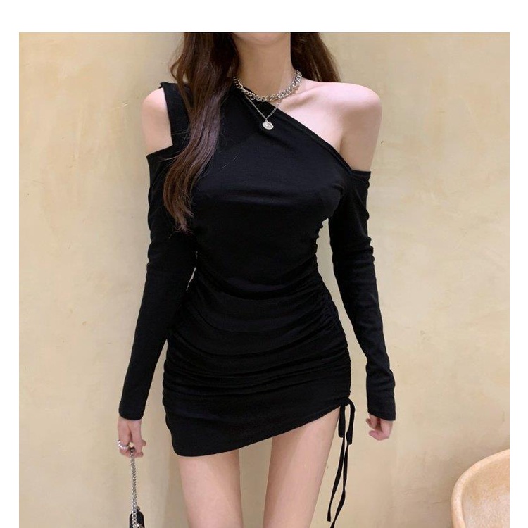 COZOK Đầm tay dài hở vai dây rút thời trang Hàn Quốc