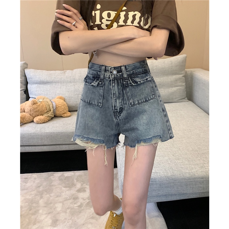 Quần Short denim Lưng Cao Ống Rộng Phong Cách retro Cho Nữ