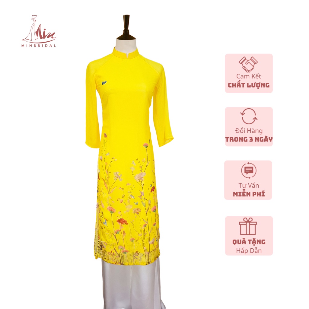 Ao Dài cách tân dáng xuông 4 tà chất liệu voan tơ óng in hoa văn màu vàng | BigBuy360 - bigbuy360.vn