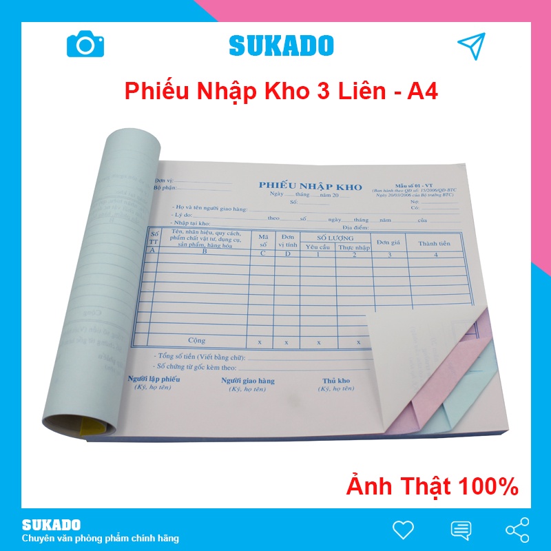 Phiếu xuất nhập kho A4 3 liên 25x20mm, Xấp 150 tờ SUKADO