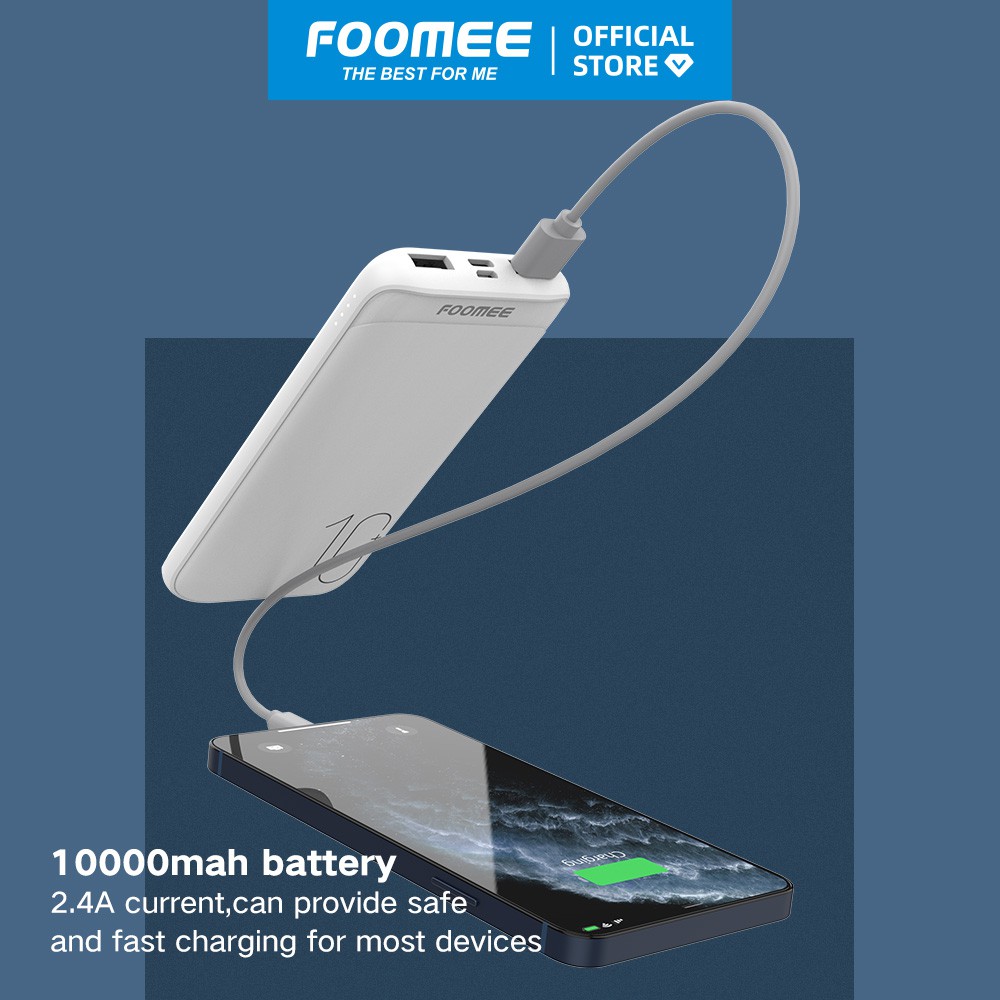 Pin Sạc Dự Phòng 10000mAh FOOMEE RB10 - Đầu Ra 2 Cồng USB Sạc Nhanh 2.1A