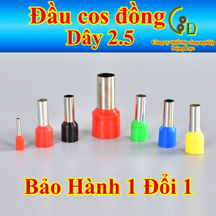 Đầu cos pin rỗng bọc phủ nhựa E2508 100cáiđầu cốt kim rỗng đơn, cosse bấm nối dây điện 2.5mm bằng đồng, đấu aptomat MCB