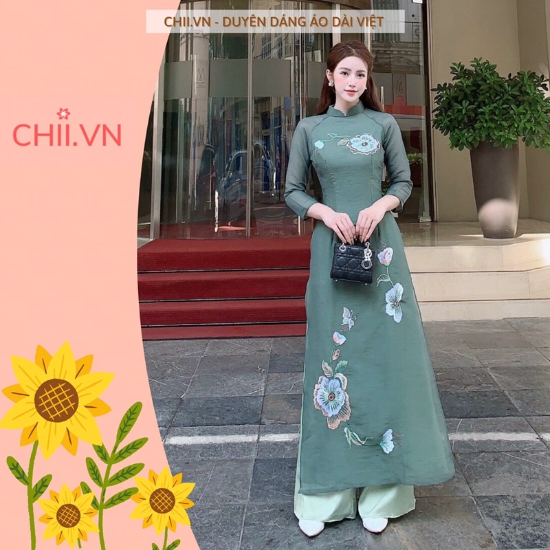 Áo Dài Cách Tân Thêu Hoa Chất Liệu Tơ Mộc Màu Xanh