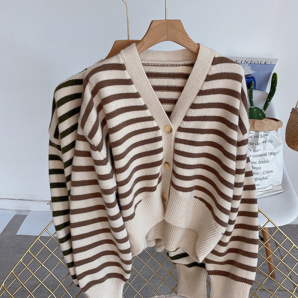 Áo Khoác Cardigan Len Dệt Kim Cổ Chữ V Dáng Rộng Mềm Mại Họa Tiết Kẻ Sọc Phong Cách Hàn Quốc Dành Cho Nữ