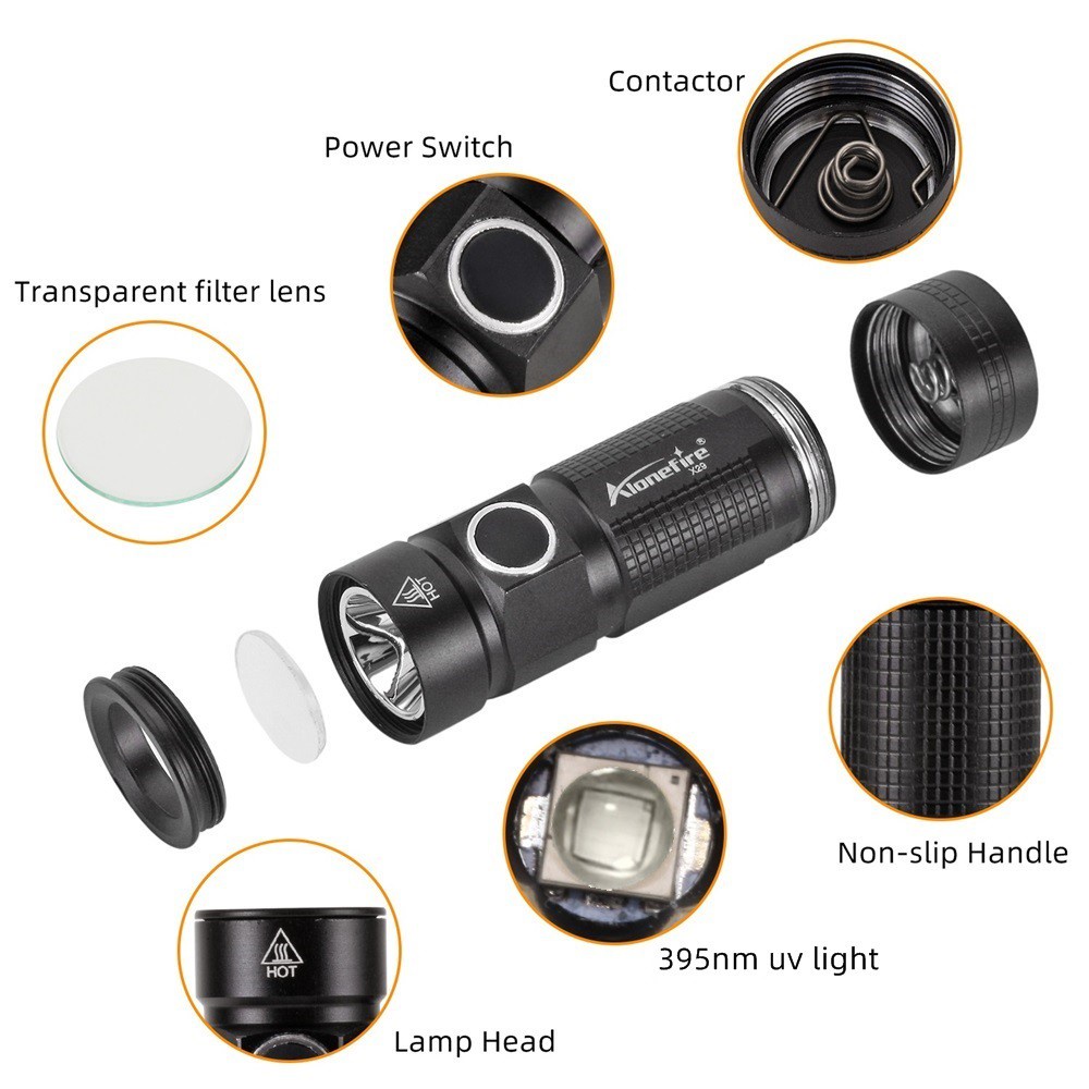 Đèn pin Alonefire X29UV 3 chế độ chiếu tia UV 395nm tiện dụng