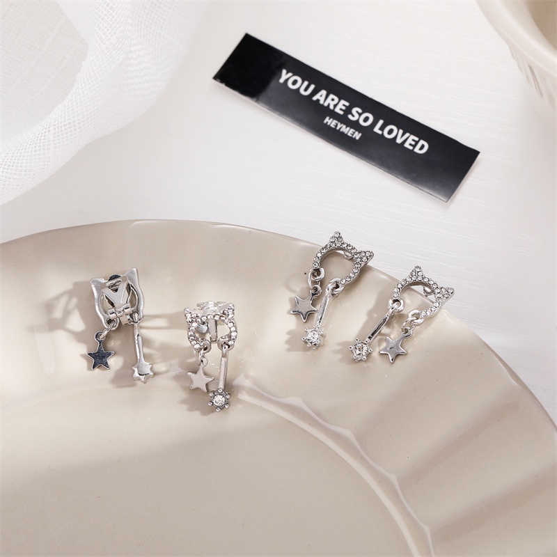 Khuyên tai kẹp không bấm lỗ chốt cố định K004 bằng hợp kim mạ bạc đính đá hình tai mèo dáng ngắn Leous Accessories