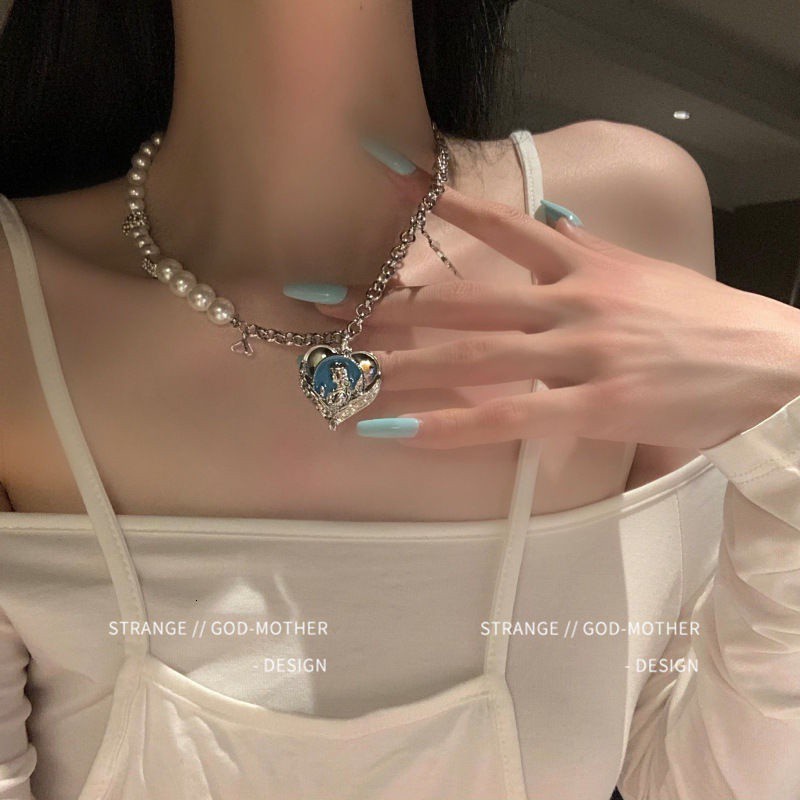 Vòng cổ xỏ hạt ngọc trai giả mặt hình trái tim thiết kế ngọt ngào và cá tính phong cách retro thời trang sang trọng