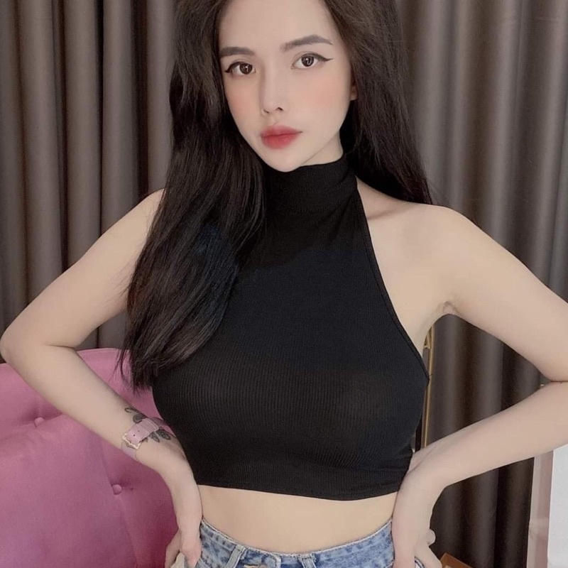 Áo croptop yếm cổ cao cài nút gân tăm hở lưng co giãn