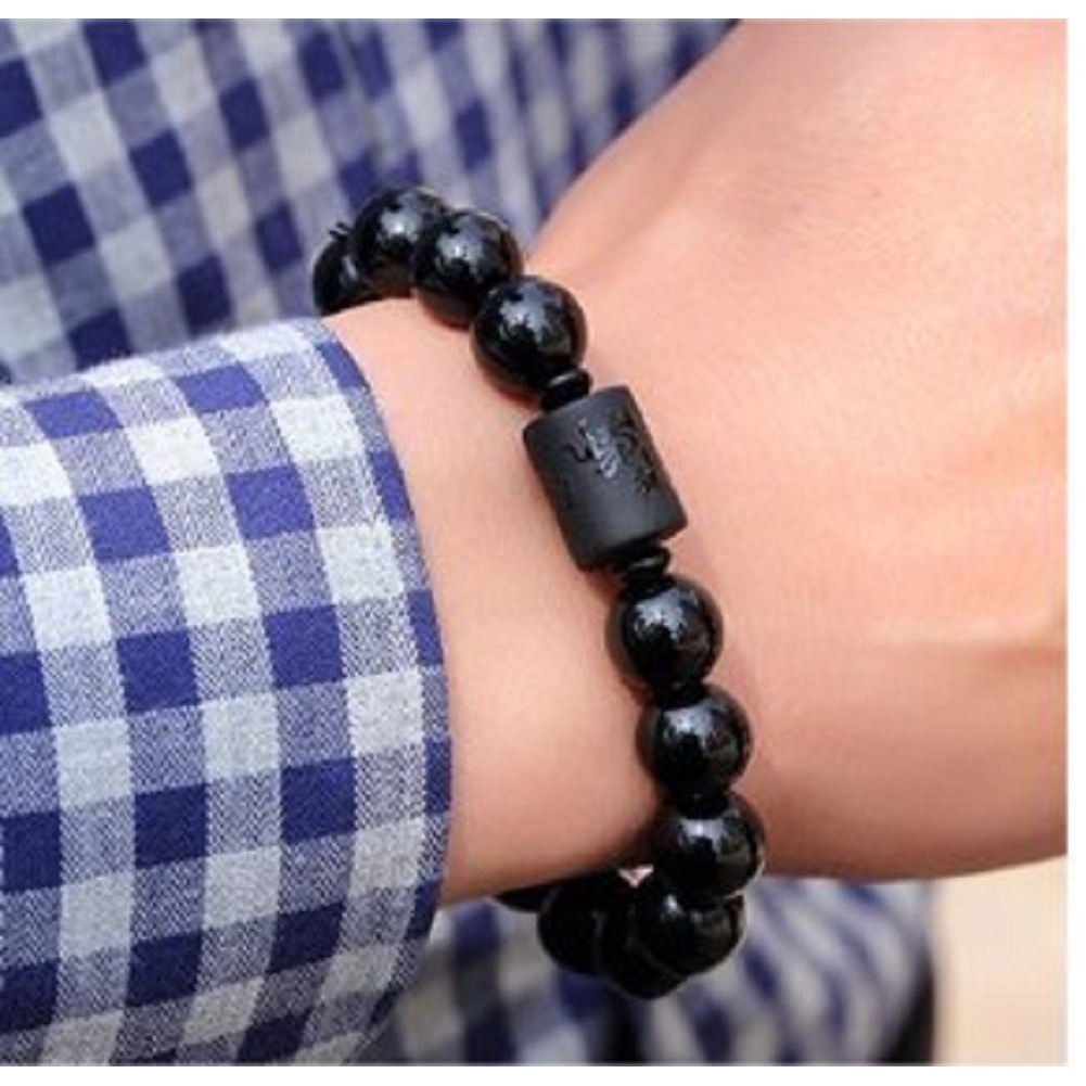 Vòng Tay Đá Obsidian Tự Nhiên 12mm Hình Rồng Độc Đáo