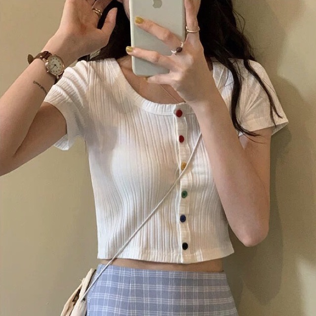 Áo Croptop nữ Ulzzang trơn body dính cúc màu | BigBuy360 - bigbuy360.vn