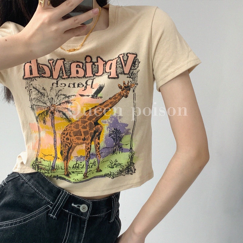 Áo Thun COZOK Ngắn Tay In Hình Hươu Cao Cổ Dễ Thương