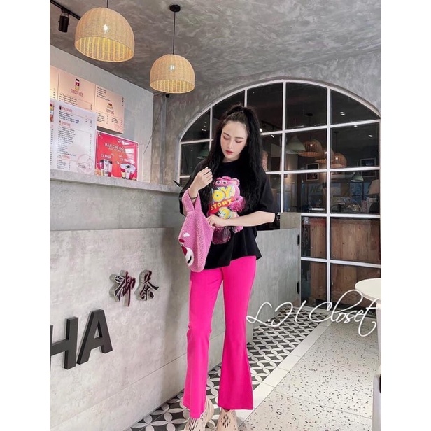 SET ÁO THUN ĐEN GẤU TOY + QUẦN HỒNG ỐNG LOE 🌸 Ảnh thật trải sàn
