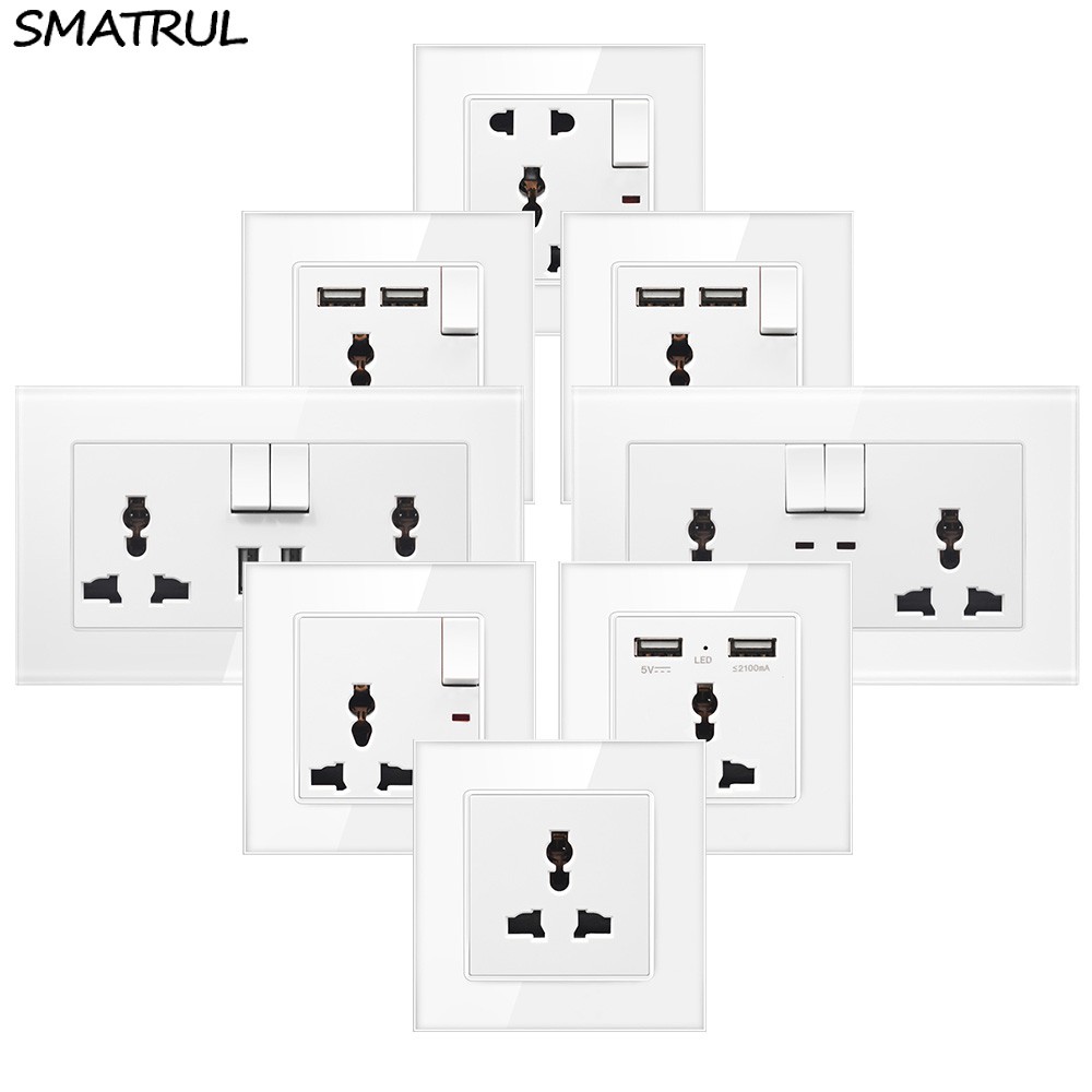 Ổ điện gắn tường SMATRUL 13A có ổ cắm công tắc và nắp mặt bằng kính cường lực tiêu chuẩn kiểu Mỹ