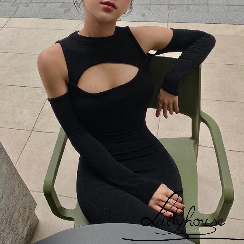 Ldd-đầm Body Màu Trơn Tay Dài Cổ Thuyền Khoét Rỗng Một Mảnh Size S / M / L