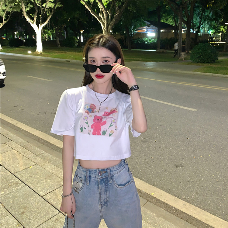 New Bear Print Shirt Top Looks Thin Popular Short Women's Crop Top White Short Sleeve Women's T-shirt