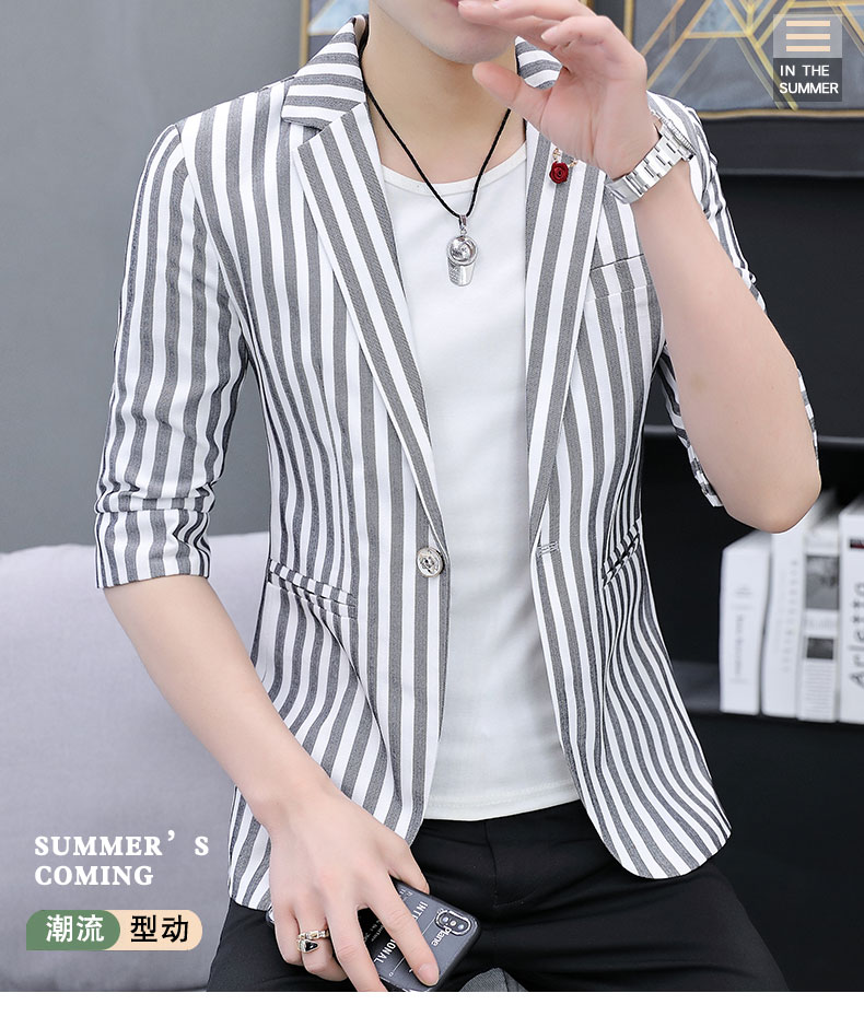 Bộ Com Lê Nam, Áo Blazer Bộ Com Lê 3/4 Mỏng Kẻ Sọc Hàn Quốc Mùa Xuân Hè