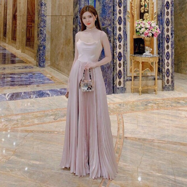 Đầm dự tiệc 2 dây cổ đổ tùng xếp ly TRIPBLE T DRESS - size M/L - MS87V