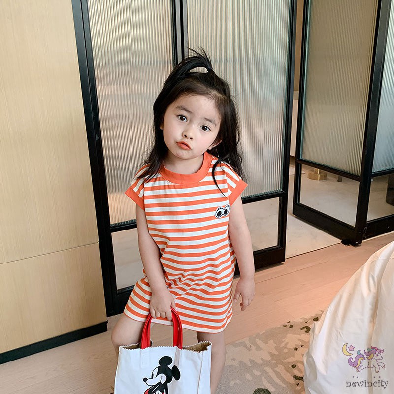 Đầm Ngắn Tay Kẻ Sọc Phong Cách Hàn Quốc Thời Trang Mùa Hè Cho Bé Gái