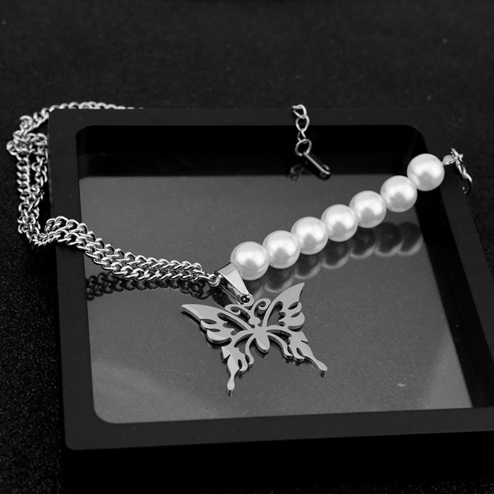 Vòng cổ choker bằng hợp kim mặt hình cánh bướm đính ngọc trai phong cách punk hip hop Hàn Quốc tinh tế cho nữ