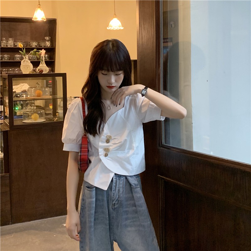 Áo Sơ Mi Tay Ngắn Cổ V Phối Nút Thiết Kế Kiểu Cách Thời Trang Cho Nữ | BigBuy360 - bigbuy360.vn