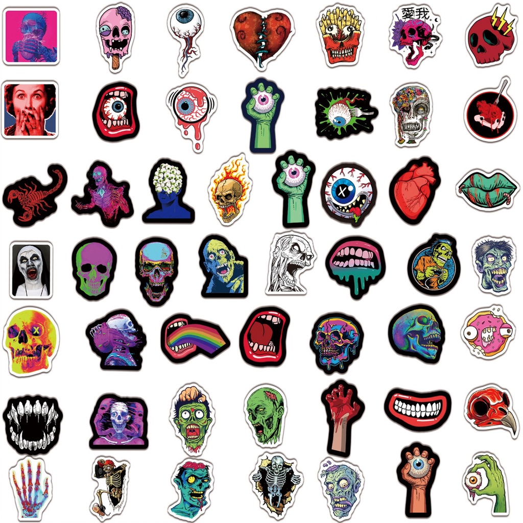 Set 50 Miếng Dán Tự Dính Họa Tiết Graffiti Trang Trí Chai Nước / Laptop / Xe Hơi Dịp Halloween