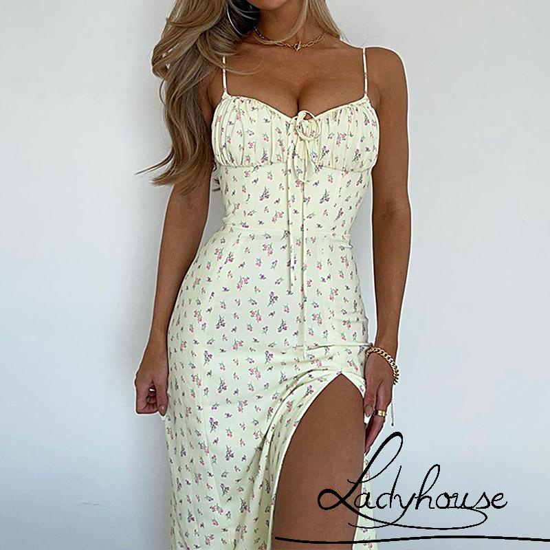 Đầm Hai Dây Cổ Chữ V Hở Lưng Dáng Ôm Họa Tiết Hoa Thời Trang Gợi Cảm Cho Nữ