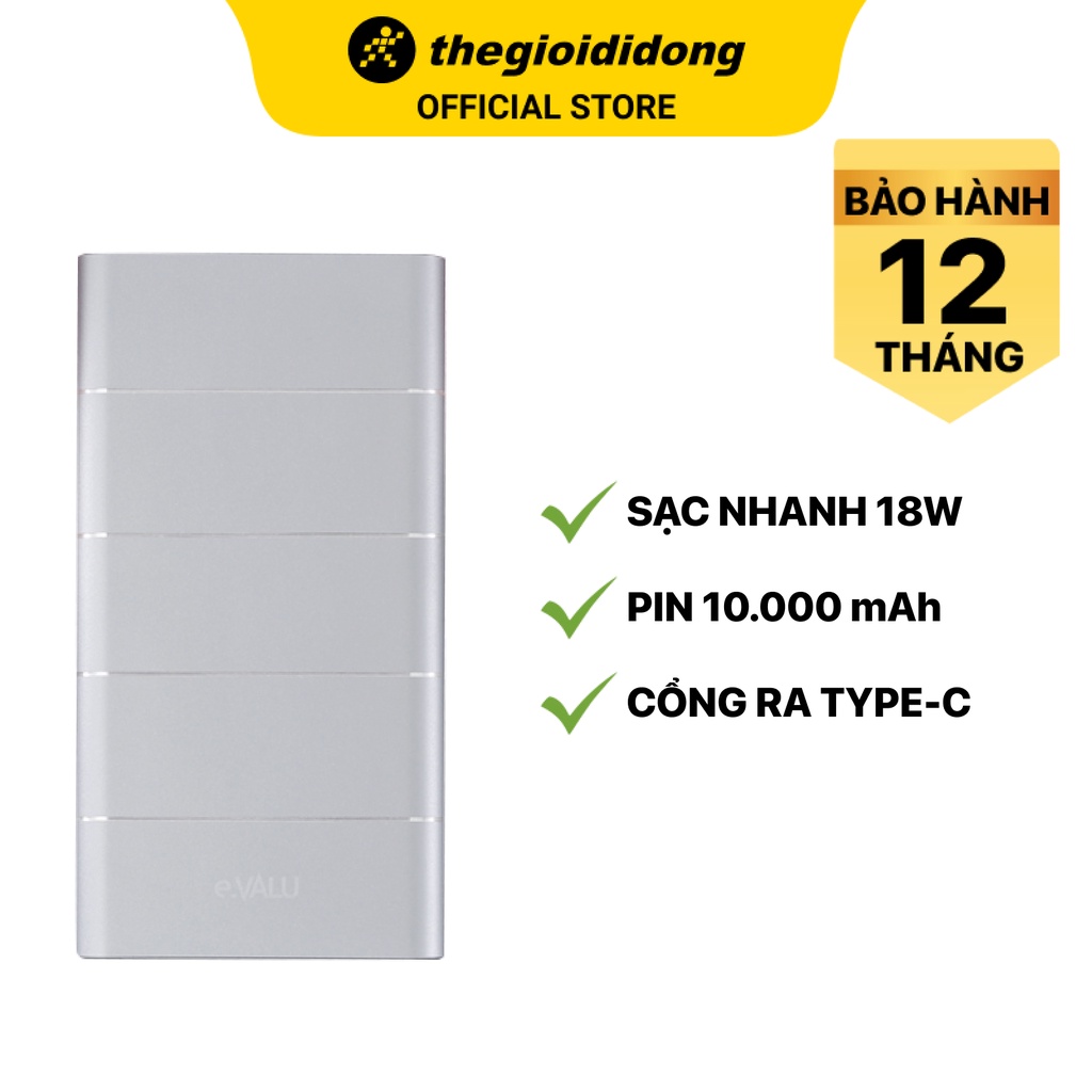 Pin sạc dự phòng eValu PA F1 Air Nhôm Bạc 10000mAh Micro USB/2 cổng Type C - Chính hãng BH 12 tháng