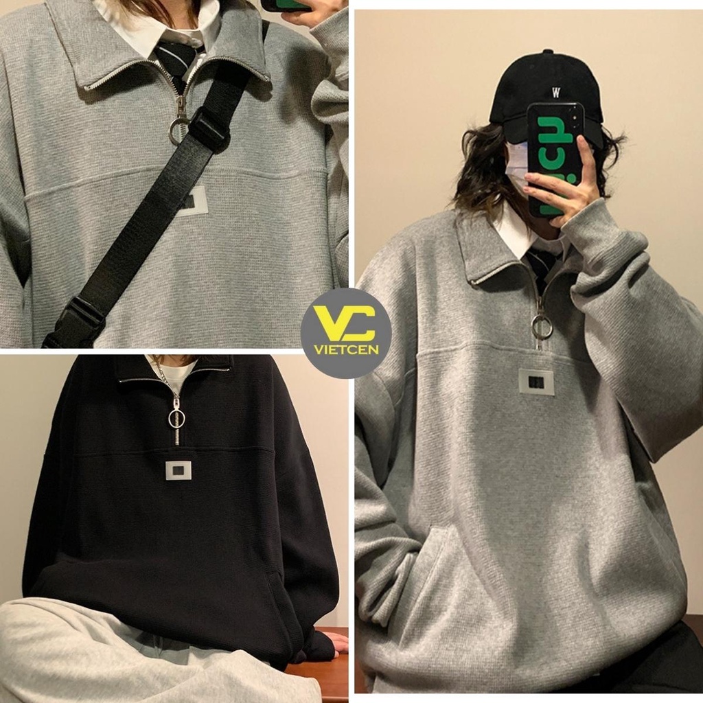 Áo Sweater Polo Unisex Nam Nữ Form Rộng Khóa Khuyên Cá Tính VIETCEN