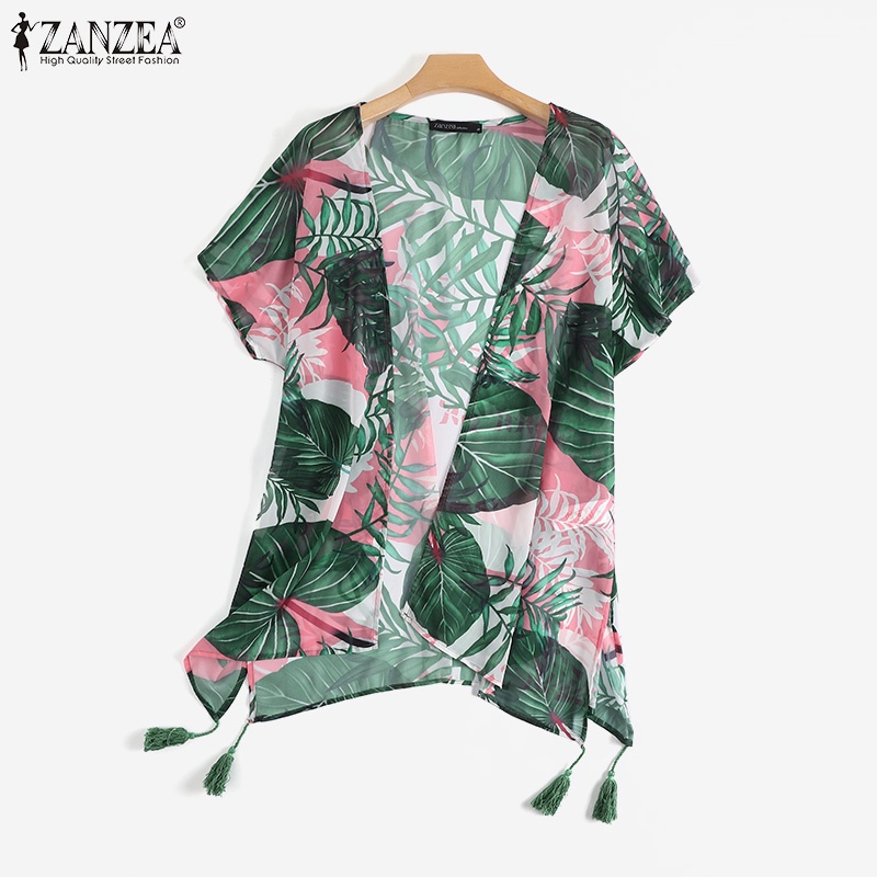 Áo khoác cardigan Zanzea tay cánh dơi cổ chữ V họa tiết hoa lá nhiệt đới hợp thời trang cho nữ