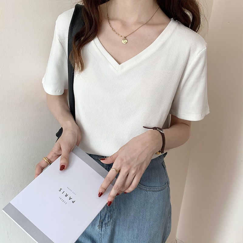Áo Thun Tay Ngắn Kẻ Sọc Cổ Chữ V Thời Trang Và Đơn Giản Cho Nữ