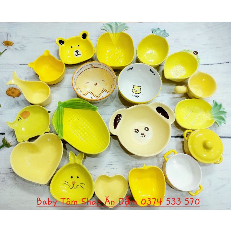 Bát ăn dặm gốm sứ màu Vàng nhiều mẫu,dung tích cho bé yêu, NPP Baby Tôm