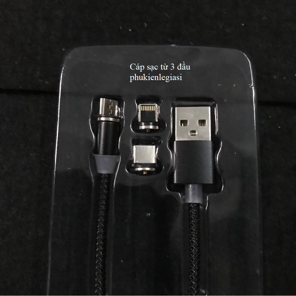 3 in 1- Cáp sạc từ hút nam châm 3 đầu Iphone- micro USB - Type C xoay 360 độ dây dù