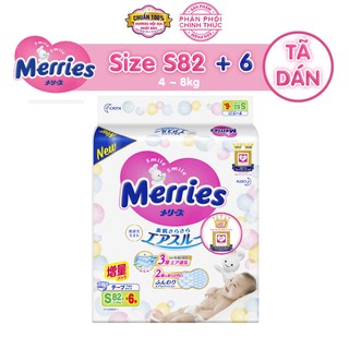 Tã/bỉm dán Merries size S - 82 + 6 miếng (Cho bé 4-8kg)