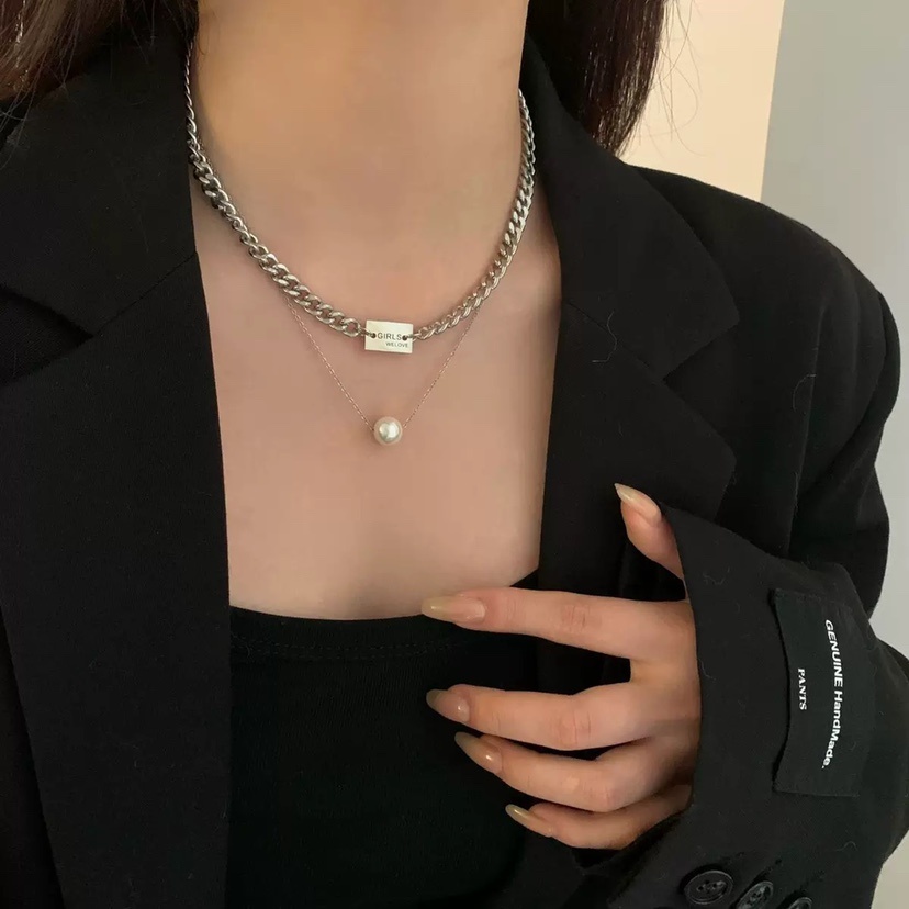 Vòng cổ Hai Lớp Đính Ngọc Trai Phong Cách Hàn Quốc