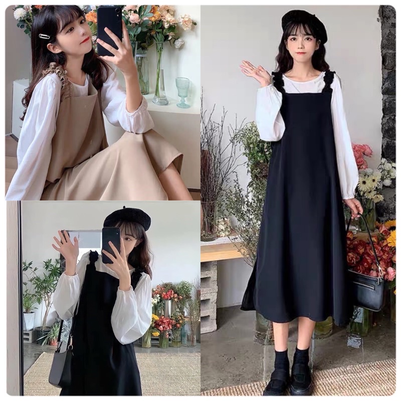 Váy Nữ, Váy Yếm Nỉ Nhung Mix Áo Sơ Mi Dáng Tiểu Thư Hàng Loại 1